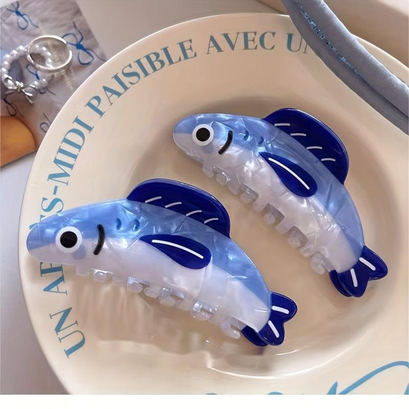 Hip-Hop Blue & White Fish-Shaped Hair Claw Clip - Large Oval Shark Sardinia-Inspired Design with Realistic Eyes, Hair Accessory