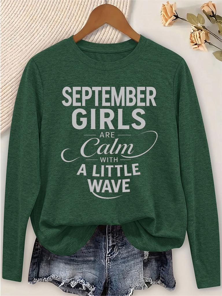 Women's Casual Long Sleeve Tee with Elegant Black 'September Girls' Print, Soft Round Neck, Versatile Top for Commute, Vacation & Daily Wear,
