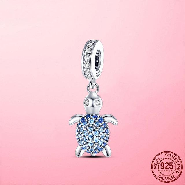 Summer New 925 Sterling Silver Blue CZ Sea Turtle Tortoise Charm Pendant Fit Fashion Bracelet Original DIY Charms Beads Jewelry