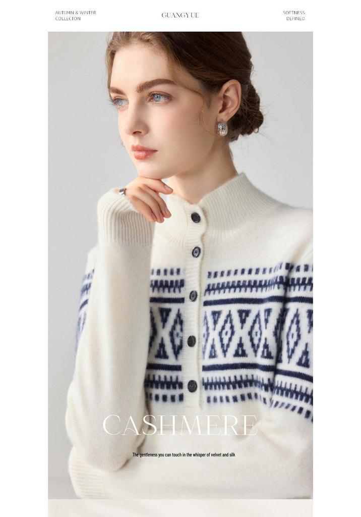 Women's Ethnic Style Fair Isle Jacquard Cashmere Half-Zip Sweater - Loose Fit, Thick Knit Winter Top