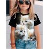Summer Round Neck 3D Cat Printed Top Fashionable Casual Short Sleeved Children's Girl T-shirts