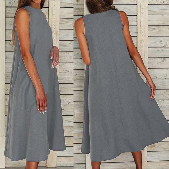 Винтажное женское однотонное платье с круглым вырезом, без рукавов, с карманами, с широким подолом, длинное, свободного кроя