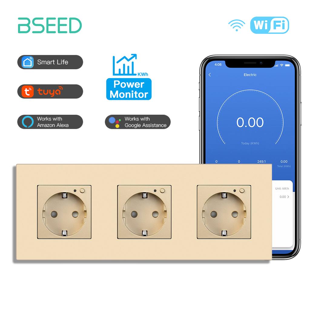 BSEED EU Smart Wifi Control Power Monitor Sockets 16A 110V-250V Power Wall Sockets Plastic Flame Support For Tuya Google Alexa