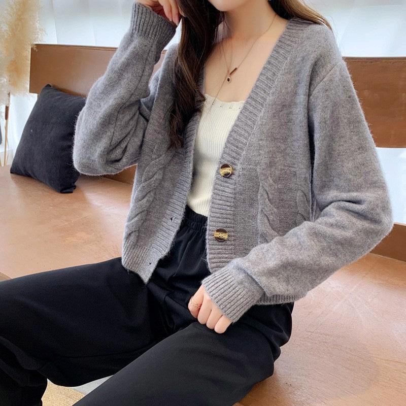 V Neck Cropped Cardigan Women Long Sleeve Twist Knitted Sweater Coats Autumn Winter Keep Warm Korean Fashion Jacket Cardigan