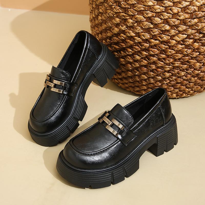 Black Retro British Style Loafer Single Shoes Women's 2025 Spring and Autumn New Thick Heel Thick Sole Height Increase with Skirt Small Leather Shoes