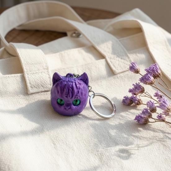 Игривая Кошка Сумка Украшение 3D Печатная Голова Брелок, Милый Kawaii Котёнок Шарм с Жемчужным Покрытием и Ярко-Зелеными Глазами, Легкий Животное Подвеска