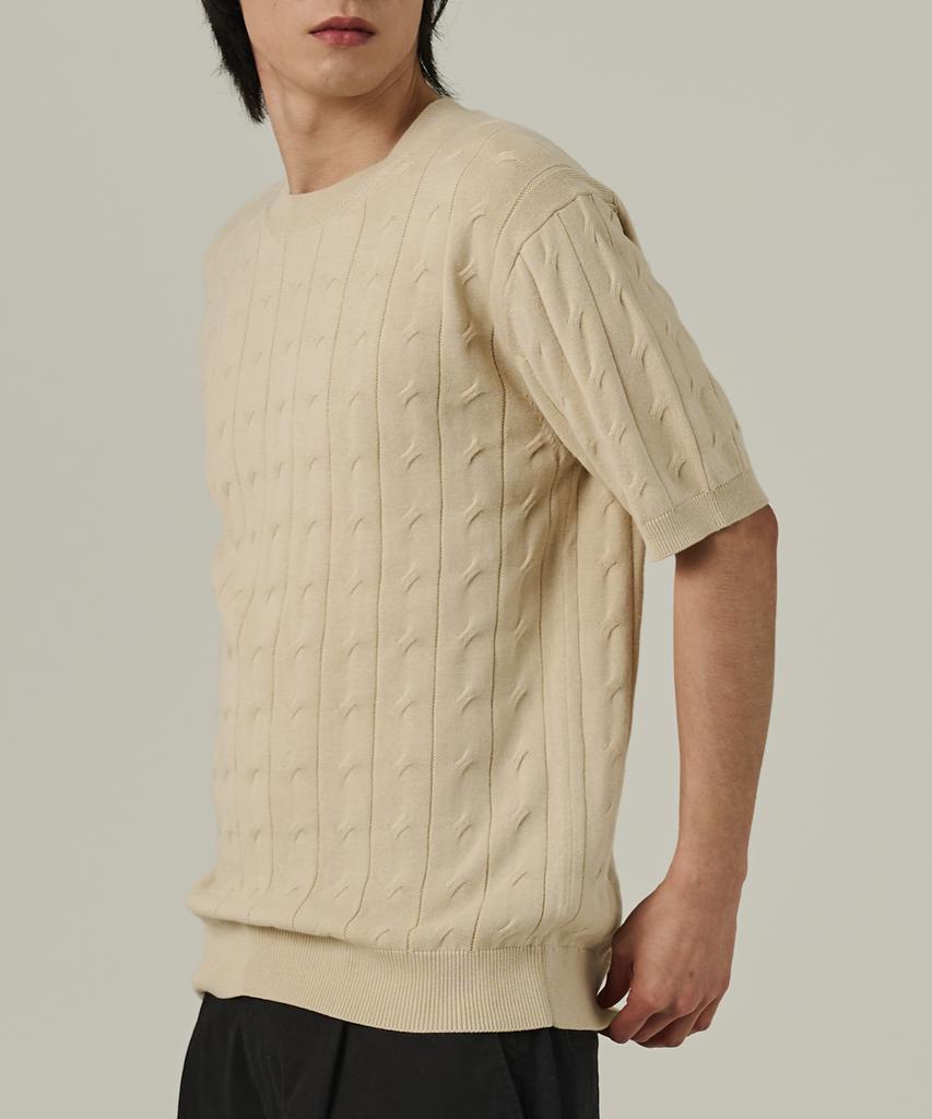 ANALOG MOOD Cable Round Short Sleeve Knit (Beige)