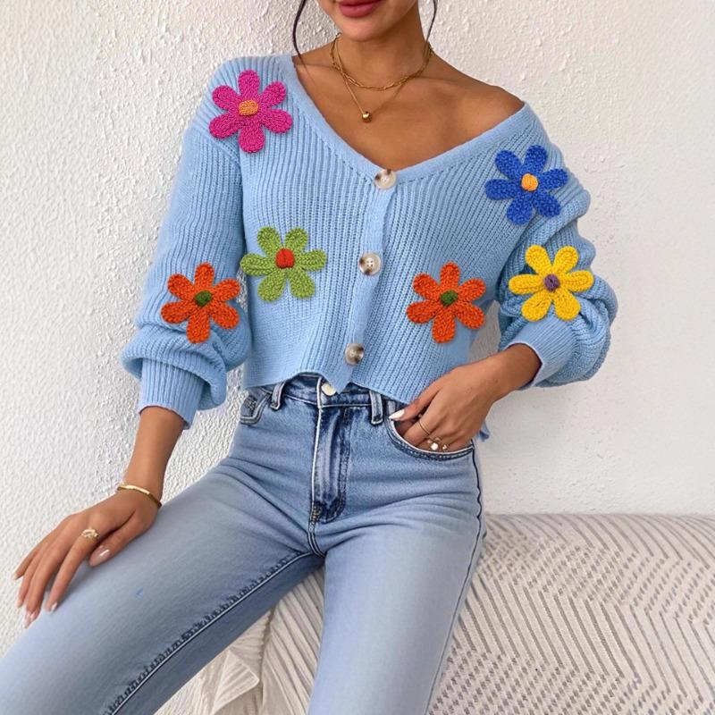 Women's Autumn and Winter New Three-dimensional Embroidery Colorful Flower Splicing Button Cardigan Sweater Short Coat for Women