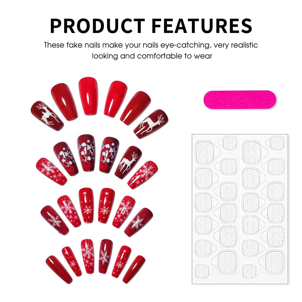 24Pcs Christmas Reindeer Press On Nails Red Artificial False Nails With White Snowflake Prints Design For Festive Party Decoration