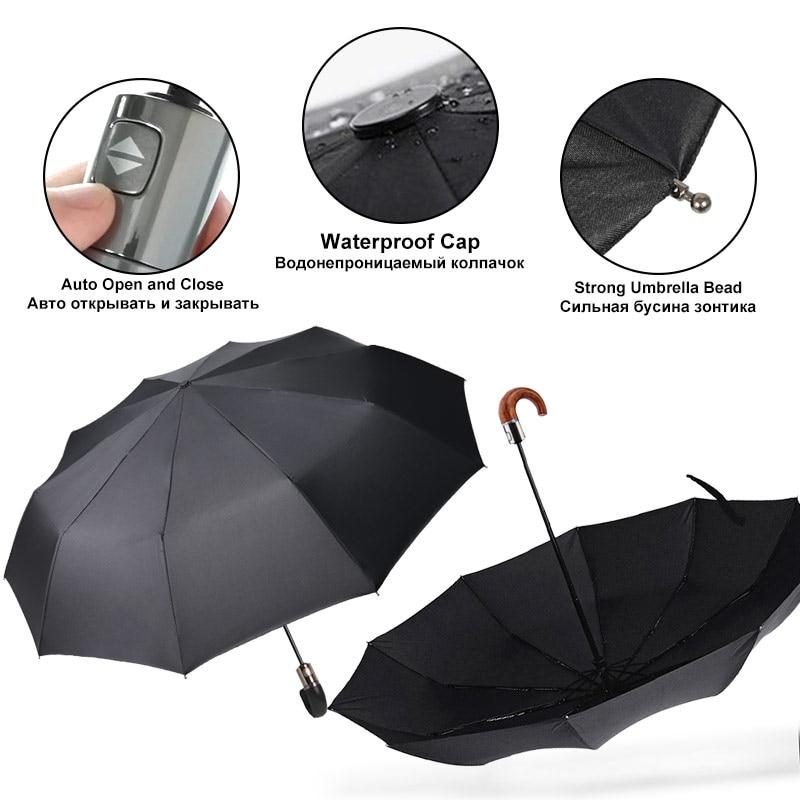 Wind Resistant 3Fold Automatic Umbrella Rain Women Leather Wood Handle Business British Style Umbrella Men's Gift Large Umbrella