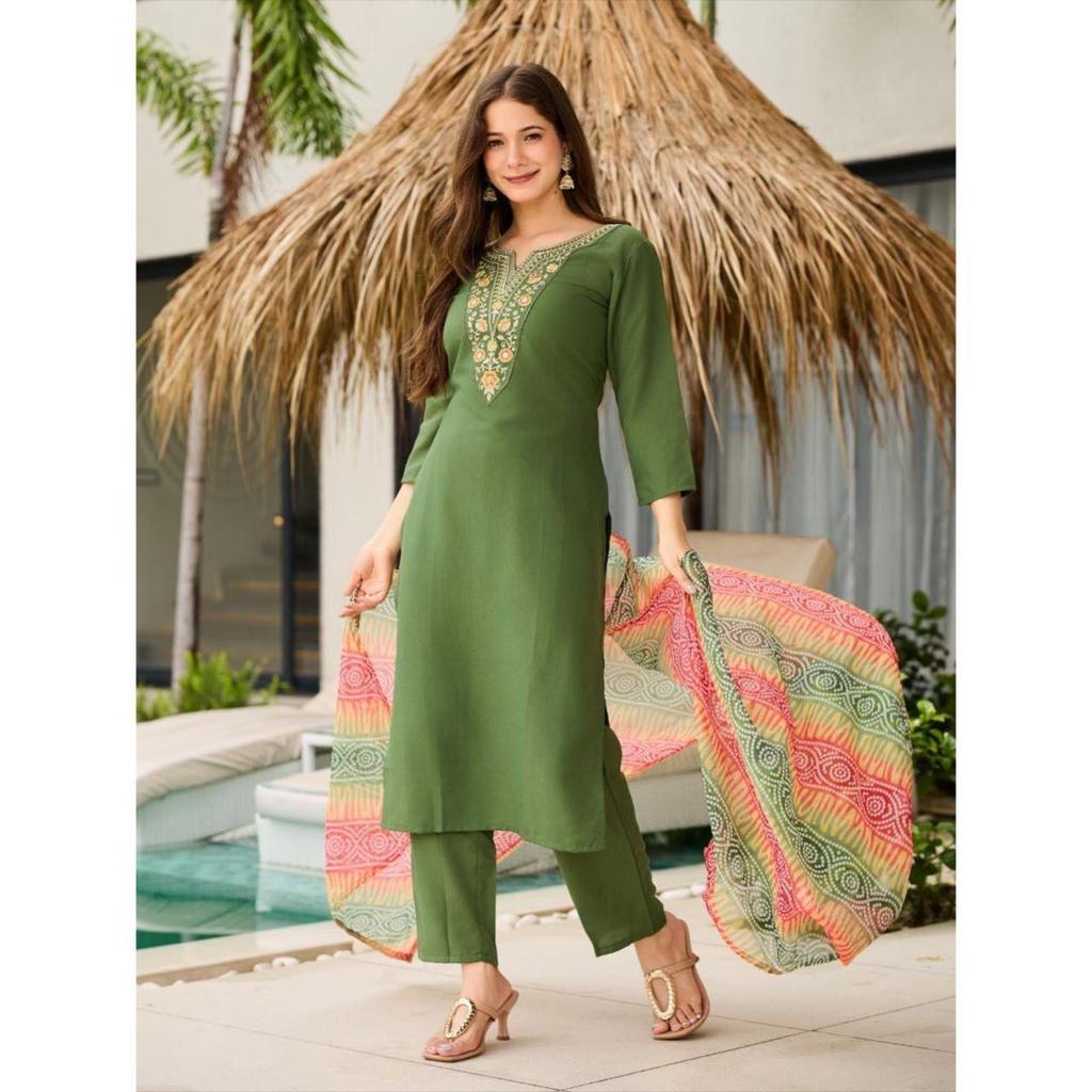 Women's Rayon Embroidered Straight Kurta with Pant And Dupatta Sets