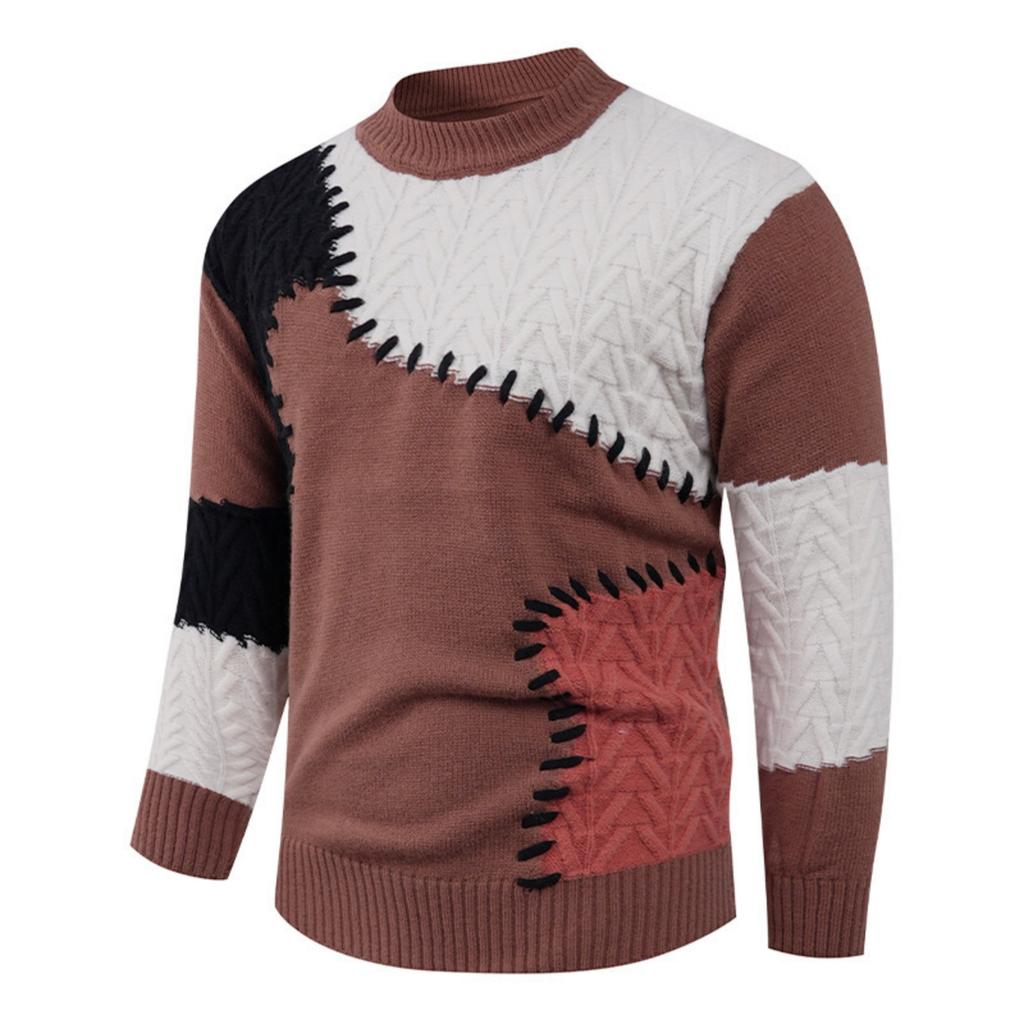 Men's Casual Color-blocked Sweater, Warm And Fashionable Pullover, Paired With A Round-neck Knitted Sweater Inside