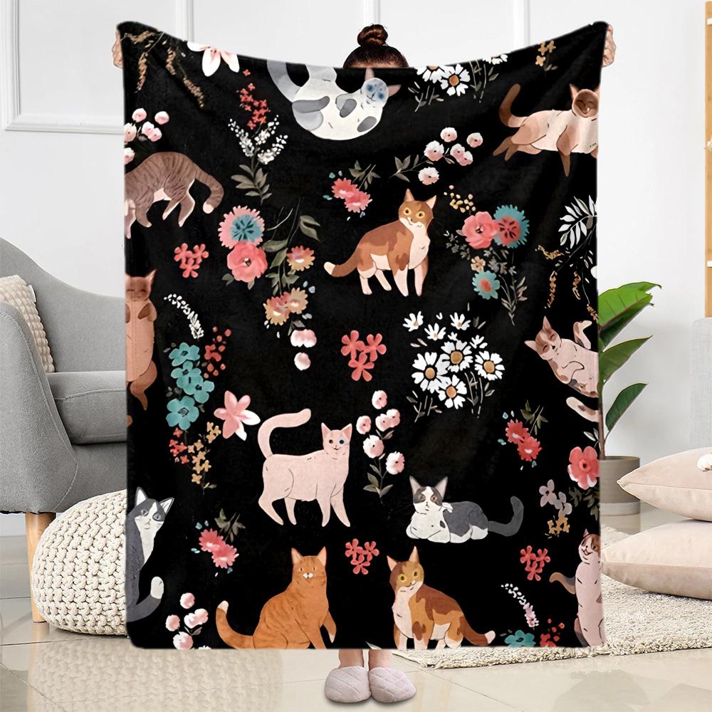 Cats In A Garden Flannel Blanket,Lightweight,Office Blanket,Sofa Blanket,Comfortable Blanket