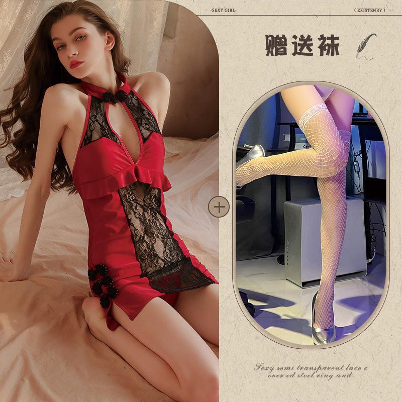 Sexy lingerie sexy lace seduction deep v vintage cheongsam pajamas hot passion no-take uniform seduction suit