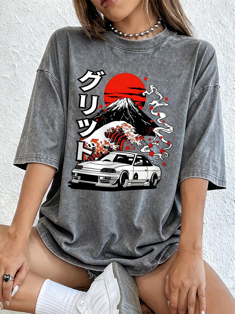 Nippon Jdm Car Grid Cotton Washed TShirts Women Summer Oversized T Shirt ONeck Comfortable Distressed Tops Basic Women Clothes