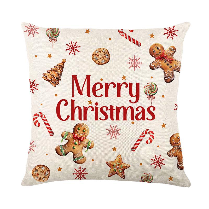 Christmas Pillow Cover Cartoon Gingerbread Doll Printed Linen Sofa Cushion Cover Living Room Bedroom Pillow Cover