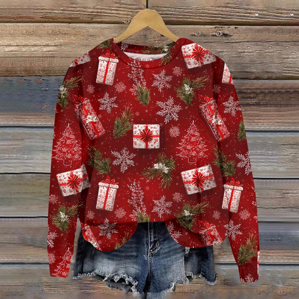 Women's Fashion Christmas Printed Long Sleeve Loose Round Neck Sweatshirt Top