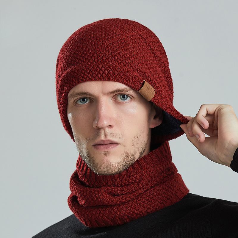 Men's Winter Warm Scarf Knitted Hat Solid Color with Fur Hat