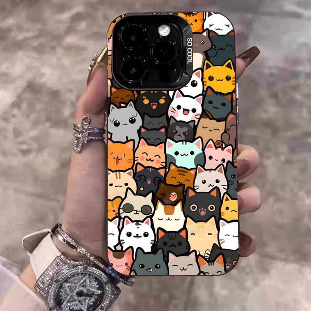 Мультяшный Милый Фон с Кошками Чехол для Телефона Для IPhone 17 16 15 14 11 12 13 Pro Max Pro Plus Цветной Серебристый Чехол