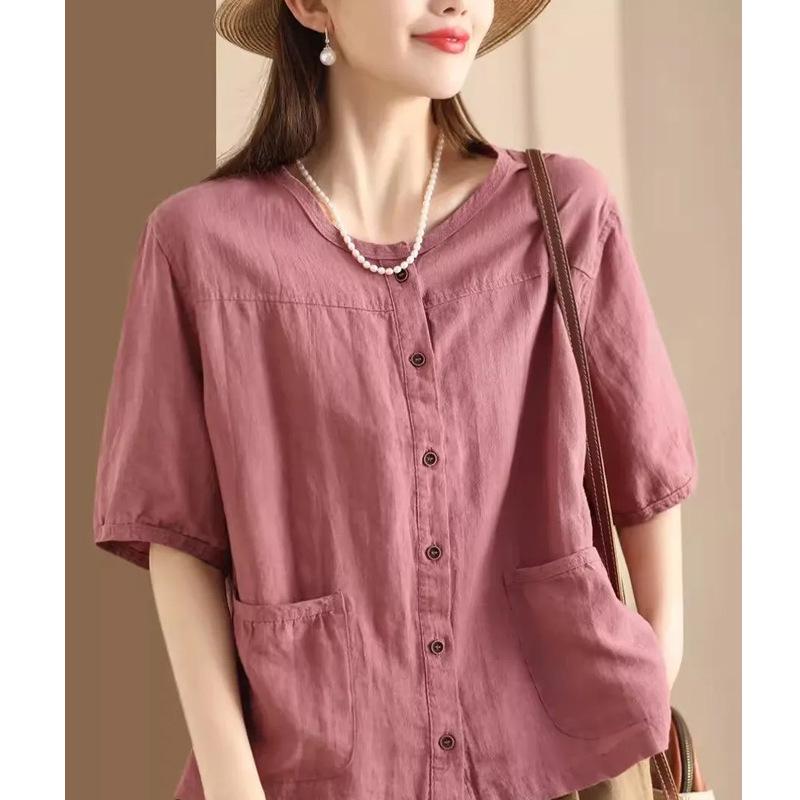 Женская летняя хлопково-льняная рубашка-кардиган с рукавом до середины предплечья 2024 - Повседневный, приталенный, однобортный дизайн