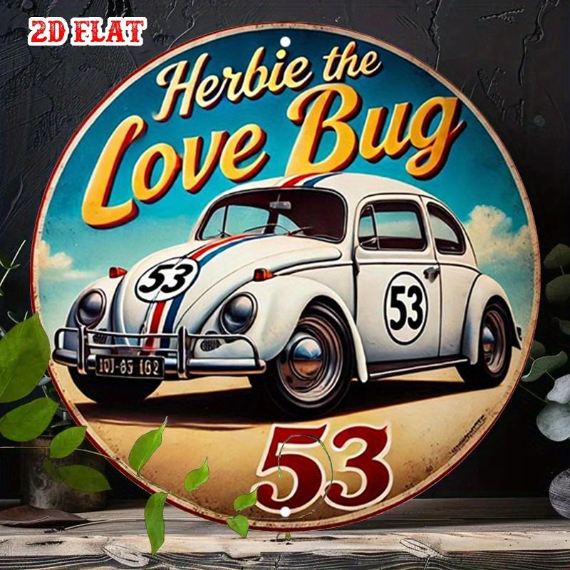 D Flat pc Herbie the Love Bug Round Aluminum Metal Tin Sign Vintage Racing Car Design Number White with Red Blue Str