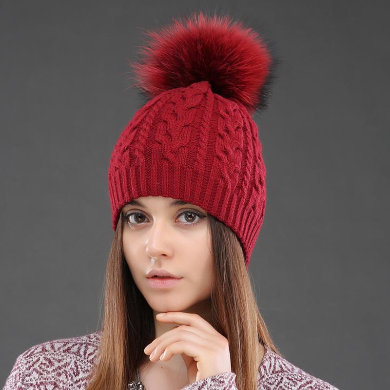 Women Double Layer Knitted Hats Winter Warm Beanies Wool Hat With Pompom Natural Fur Raccoon Fashion Female Cap
