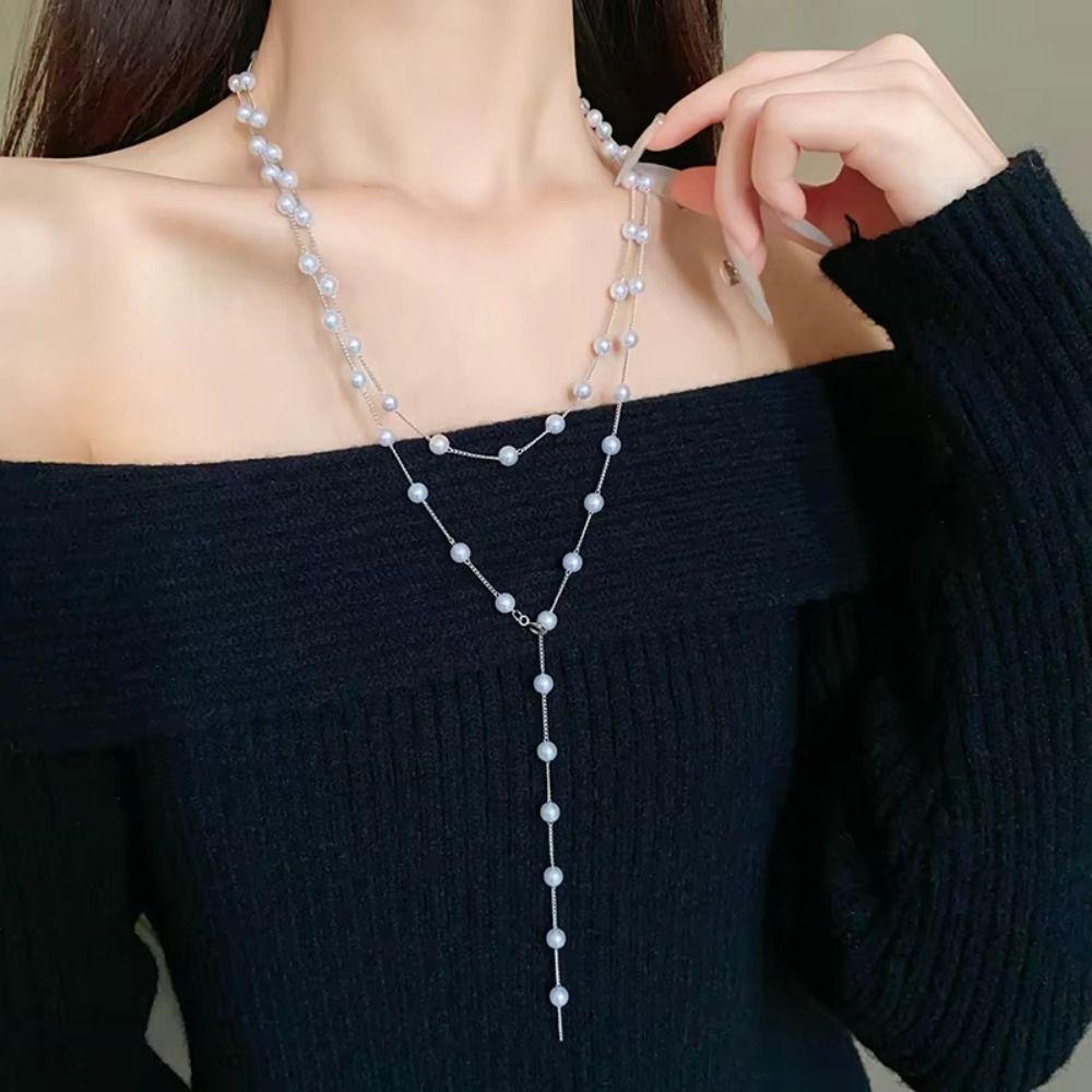 Fashion Sweater Chain Simulated Pearl Collarbone Chain Elegant Long Pearl Necklace  Beach