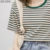 HOUZHOU Полосатая футболка женская зеленая с коротким рукавом летние свободные корейские шикарные повседневные топы большого размера