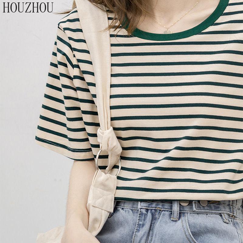 HOUZHOU Полосатая футболка женская зеленая с коротким рукавом летние свободные корейские шикарные повседневные топы большого размера