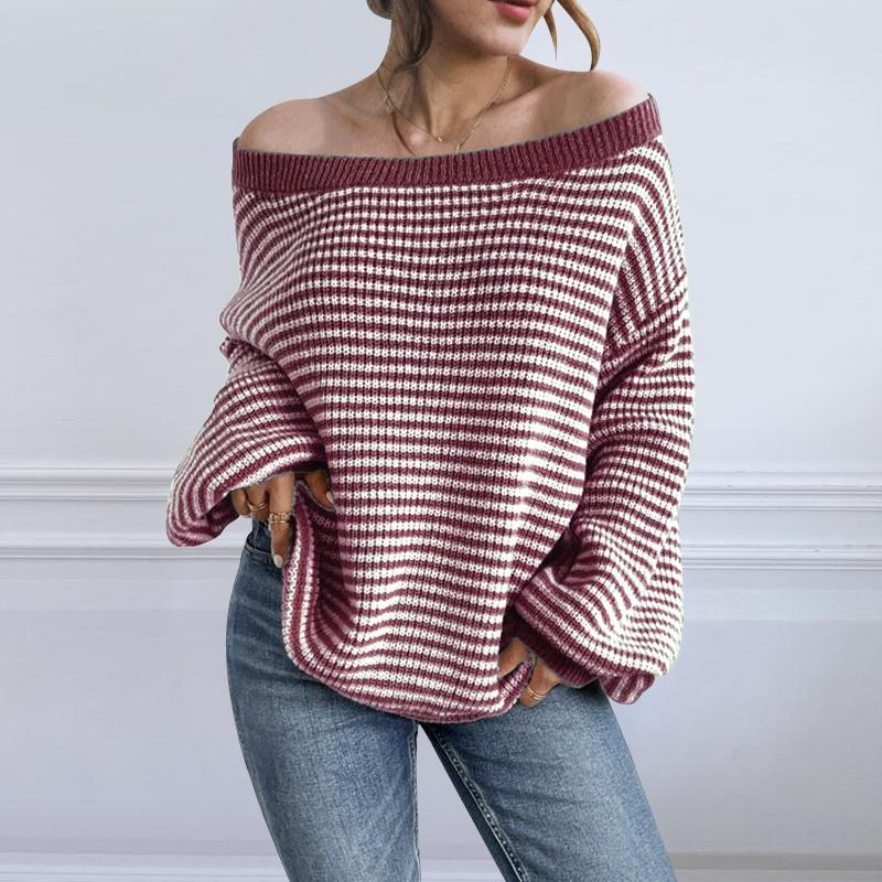 VONDA Женские осенние пуловеры и джемперы с открытыми плечами, длинными рукавами и полосатым узором