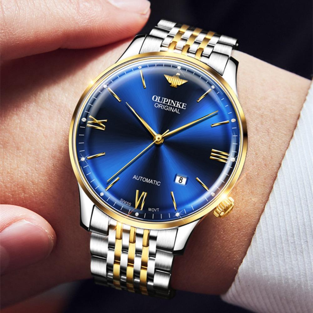 OUPINKE Мужские часы Деловые повседневные водонепроницаемые механические часы двойного назначения высокого класса