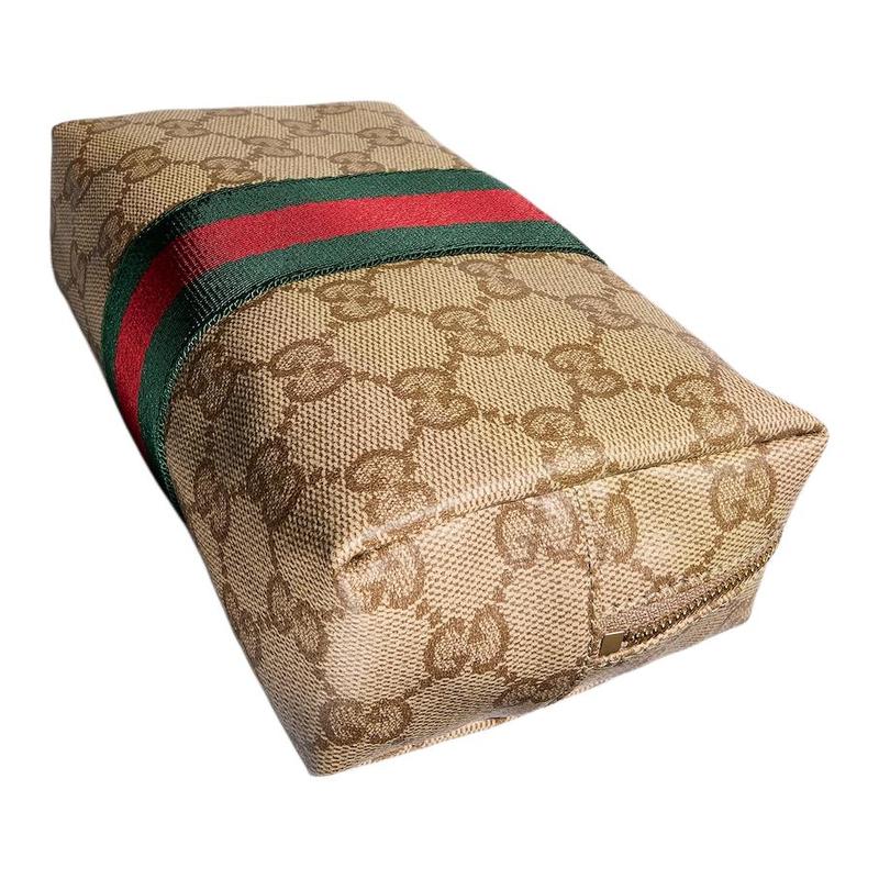 Gucci Generation gold hardware zipper closure GG coated canvas cosmetic bag medium women's sand color with dark brown
