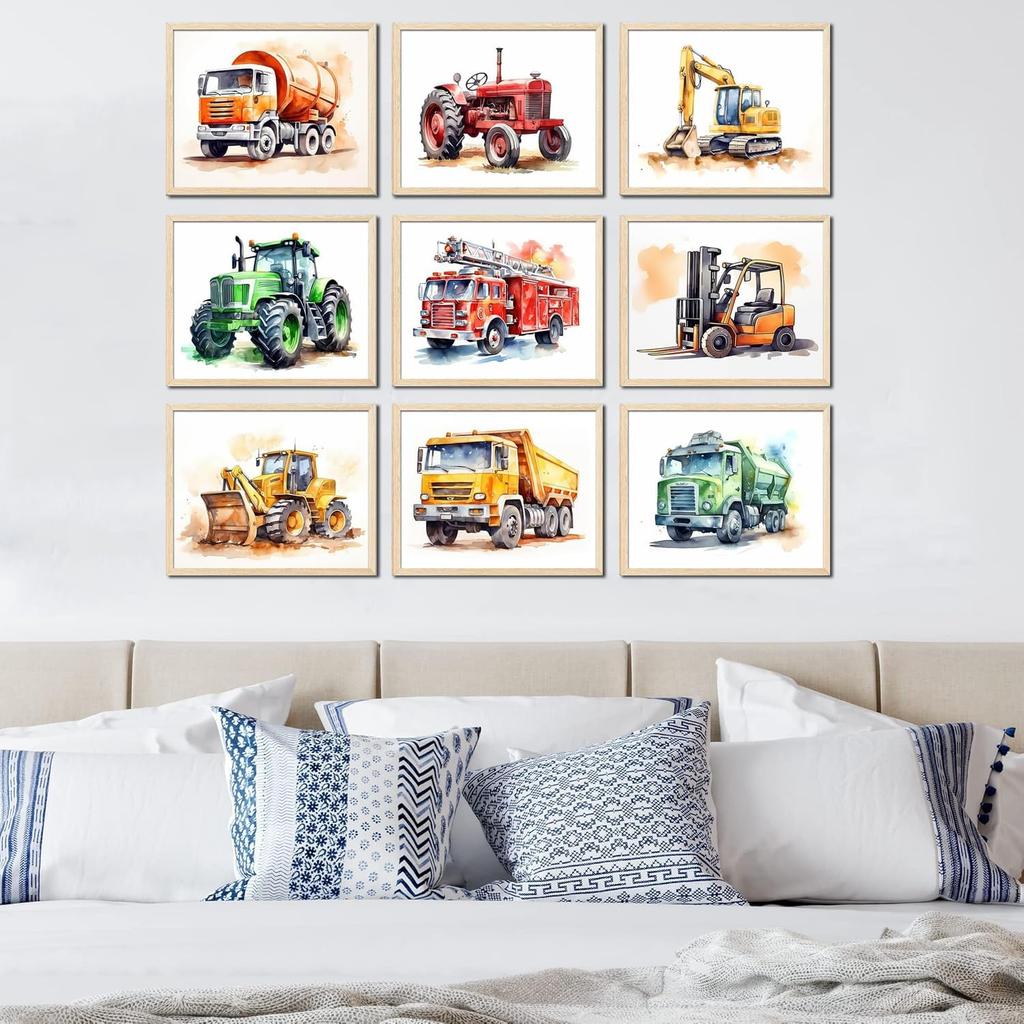 TRAMIN 9 pcs Construction Room Decor For Boys - Toddler Boy Room Decor, Truck Wall Art For Kids Room, Car Pictures Wall Decor For Bedroom Playroom,