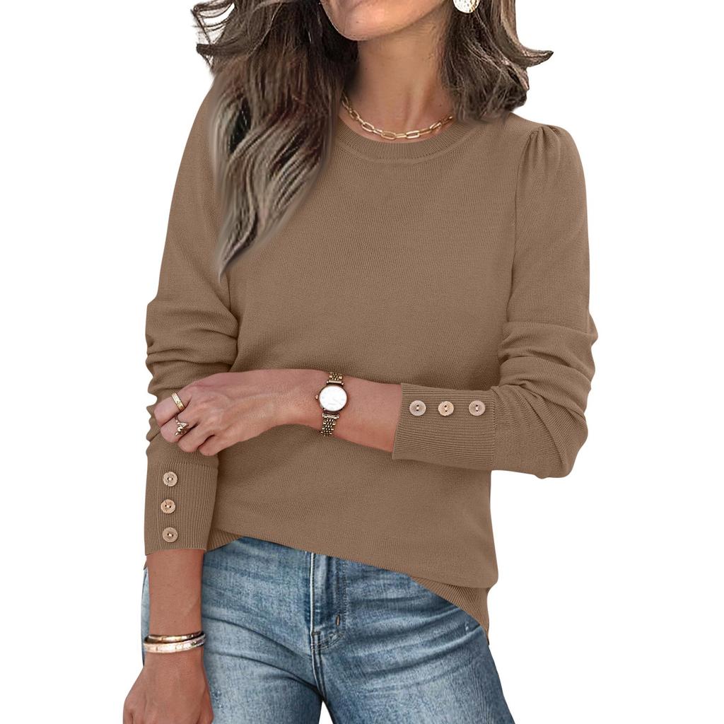 Женская мода Пуловер из мягкого трикотажа с длинным рукавом и манжетами на пуговицах, Трендовые топы однотонной расцветки