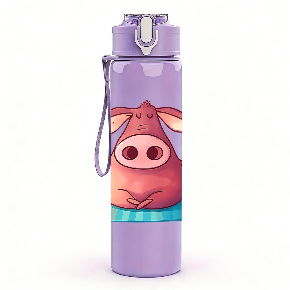 1PC Relaxed Pink Pig Cartoon 750ml Color Plastic Sports Water Bottle Leakproof Flip Straw Lid Suitable for Sports Office Home Use