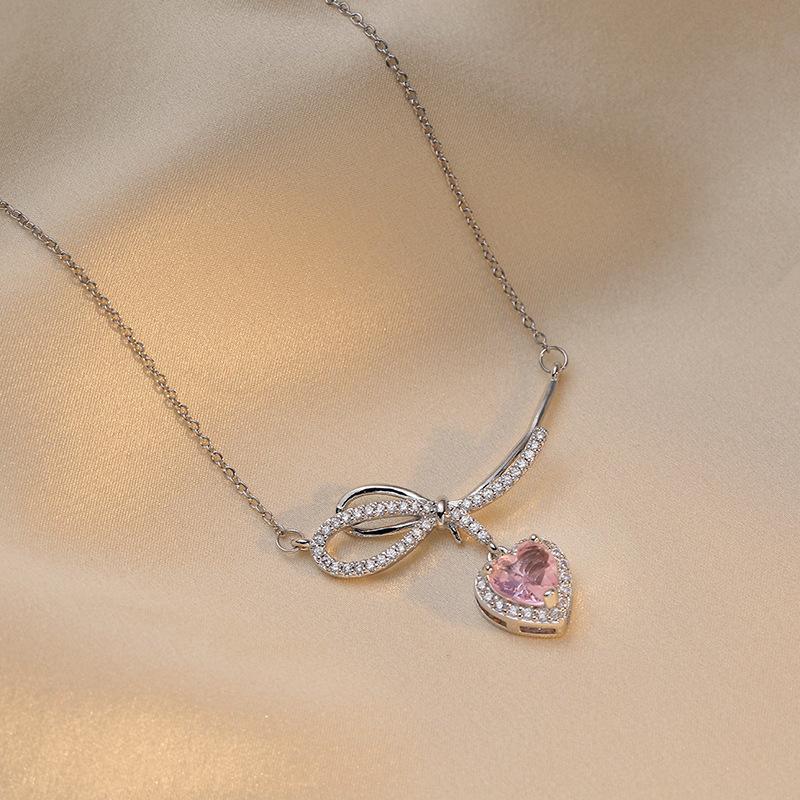 Pink Heart Zirconia Bow Pendant Necklace for Women Trendy Hypoallergenic Stainless Steel Chain Jewelry Wedding Engagement Party Accessories