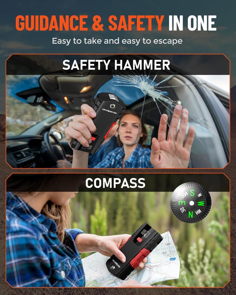 Пусковое устройство для автомобильного аккумулятора 6000 А, Портативный блок питания для бензиновых двигателей до 8,5 л / дизельных двигателей до 8 л, 4-режимный светодиодный фонарь, USB-порты, Компас, Красный