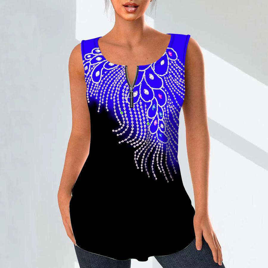 Women's Fashion V Neck Shirts Casual Tops T-shirt Ladies 3D Pearl Pendant Pattern Print Vest Plus Size Sleeveless Blouse Tank Tops