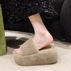 Ultra-light Material 8CM Thick-bottomed Cross-haired Slippers Women's Outer Wear 2024 Autumn and Winter New Korean Version Versatile One-word Drag