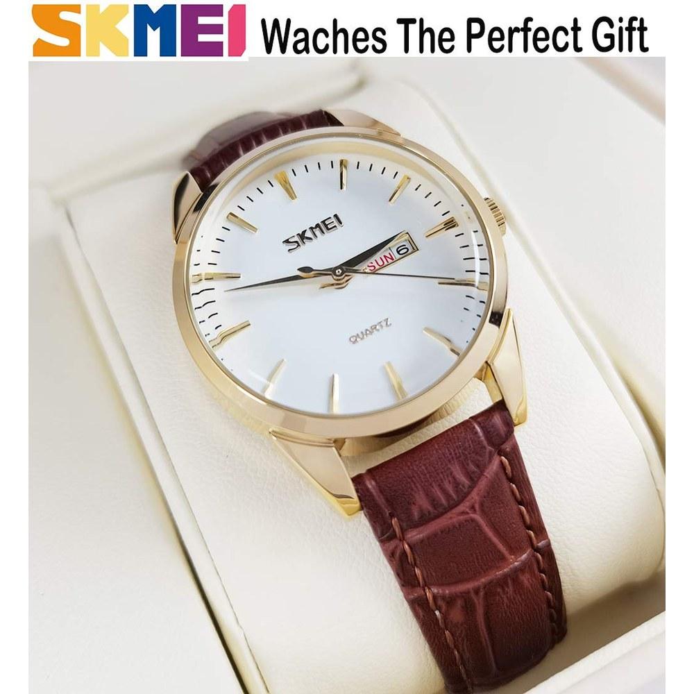 SKMEI Women's Quartz Analog Watch Brown Leather Band Waterproof Casual Dress with Date Stylish Gift for Her Mother's Day
