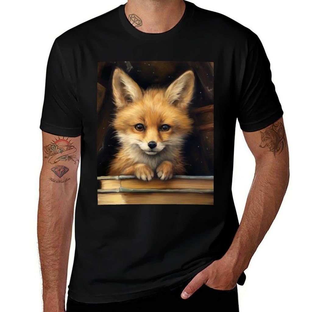 little cute fox puppy in books T-Shirt Active Sports Short Sleeve Cotton Shirt