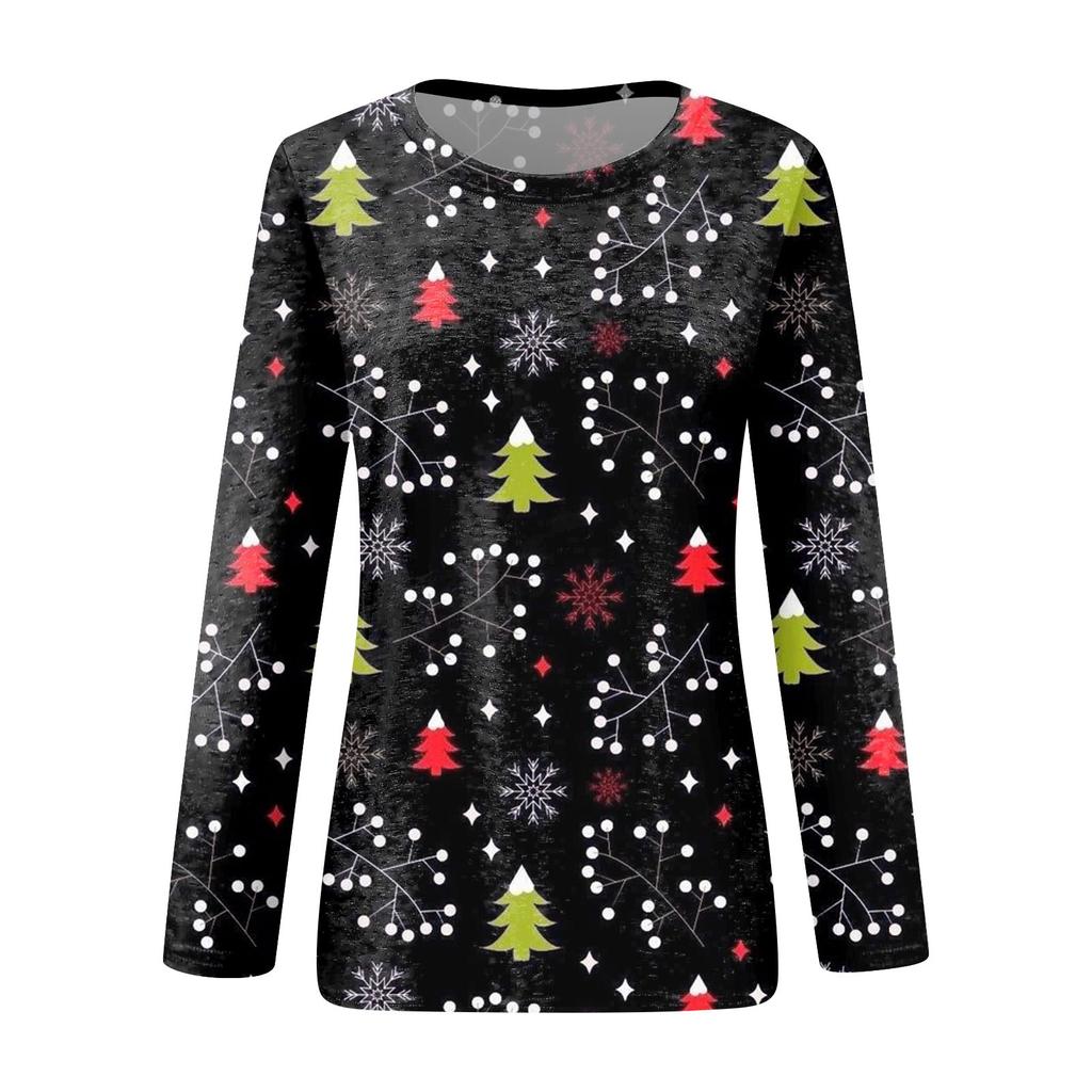 Women's Fashion Casual Long Sleeve Christmas Print Round Neck Pullover Top Blouse