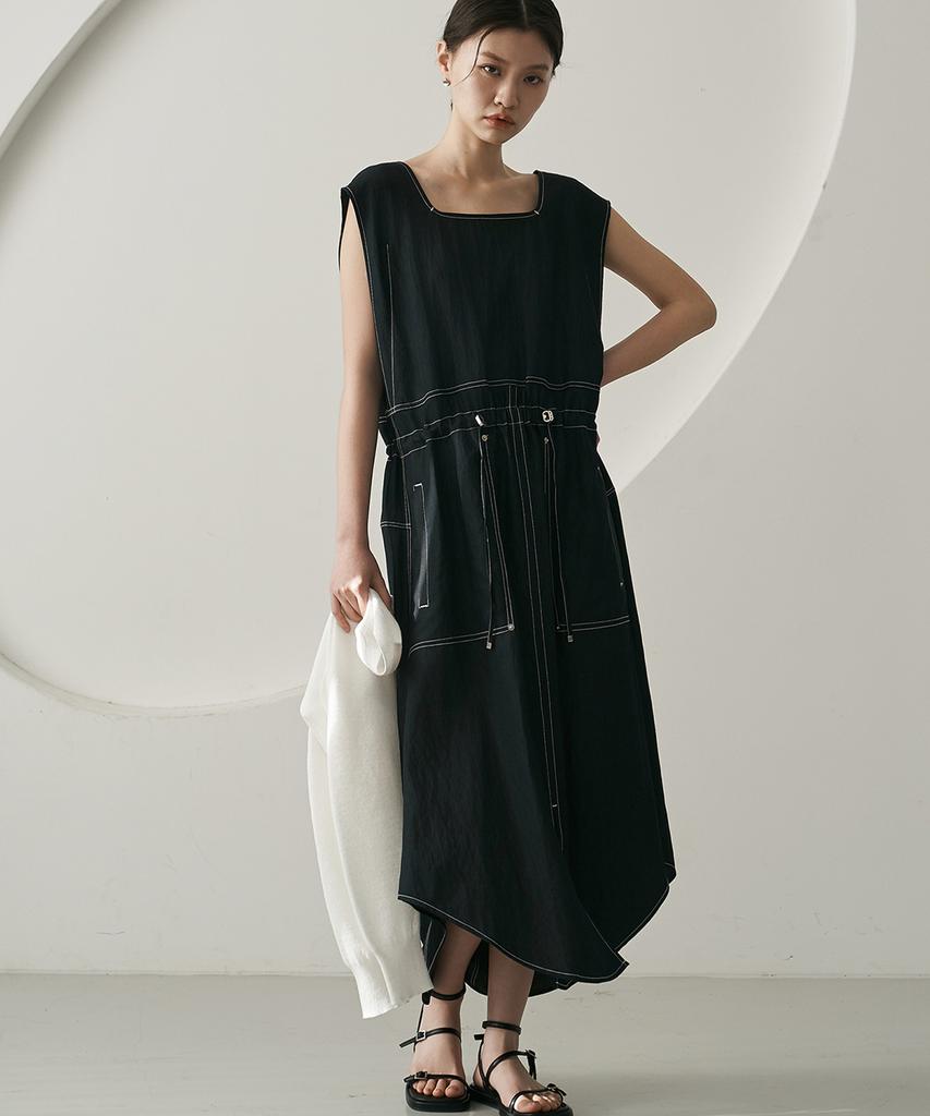 Dijainowol Denim String Long Dress_ Stitch Black
