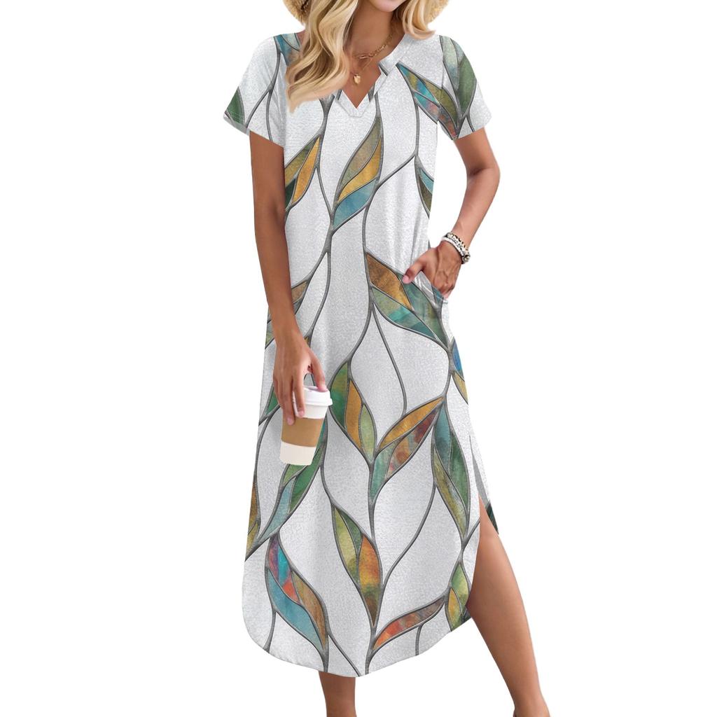 Женское длинное платье-рубашка с V-образным вырезом, повседневное, с коротким рукавом и свободным разрезом