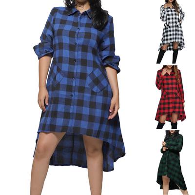 Женская повседневная клетчатая рубашка в стиле бойфренда с карманами и длинным рукавом, платье с неровным подолом
