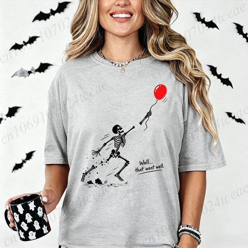 Sarcastic Well Shit Skeleton Holding Red Balloon T-shirt Women Halloween Funny Skull Print Crew Neck Casual Short Sleeve Tops