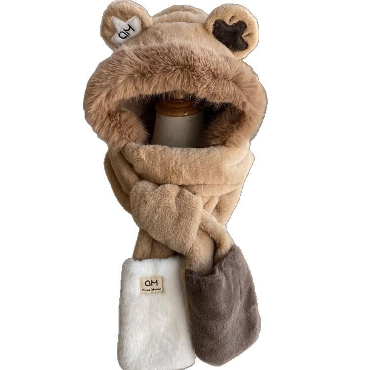 Plush bear ears hat scarf gloves integrated three-piece set cute female winter cycling ear protection warm scarf