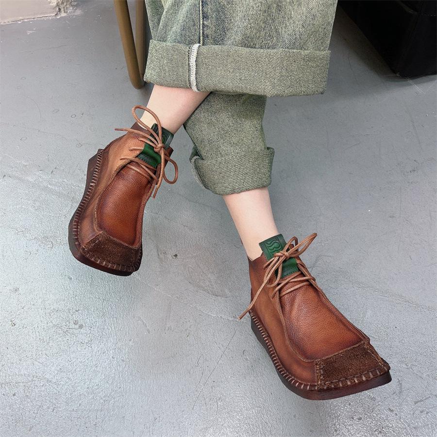 Johnature Короткие сапоги с квадратным носком, универсальные женские туфли на плоской подошве из натуральной кожи на шнуровке в стиле ретро в стиле ретро