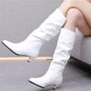 FOREADA Women Knee High Boots Pointed Toe Thin Mid Heels Pleated Long Boots Ladies Fashion Shoes Autumn Winter Black White 46