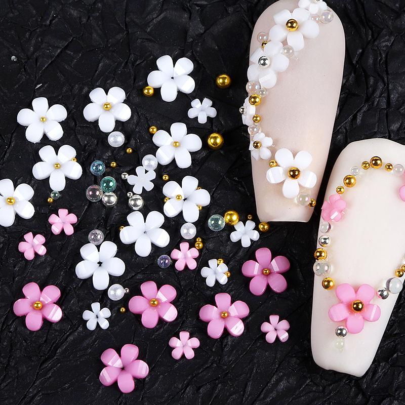 3D Flower Nail Charms, 3D Acrylic Flower Nail Art Rhinestones White Pink Mixed Cherry Blossom Spring Gems with Pearls Manicure DIY Nail Decorations